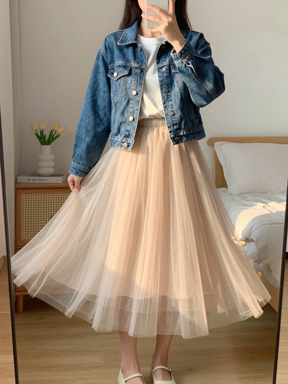 iPhone mirror selfie of a woman in a tulle skirt with a denim jacket over a tee, spinning to show the skirt flair, cropped at NECK so face doesn't show, in a feminine-themed bedroom, golden hour sunlight, iPhone photo quality.