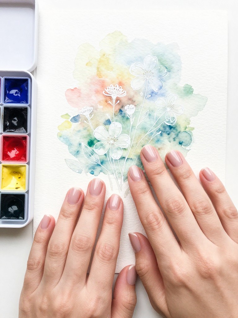 Top-down view of hands next to watercolor paints and paper. The nails have a soft, blurred watercolor background in pastels. Delicate white line-drawn flowers are painted over the wash. The look is artistic, soft, and unique.