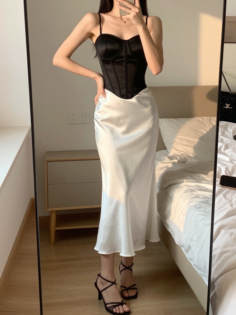 iPhone mirror selfie of a woman in a black corset top and white satin midi skirt with strappy heels, one hand on hip, in a feminine-themed bedroom, evening golden hour, iPhone photo quality.