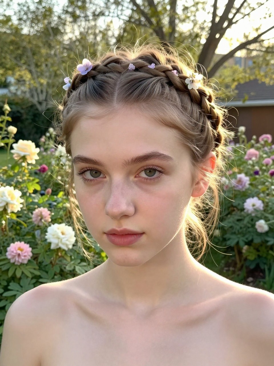 Photo of a teen white girl wearing a halo braid, front-facing view showing the braid encircling the head, setting: a garden with blooming flowers and soft sunlight, lighting: bright, natural golden hour light, containing a few tiny flowers woven into the braid, iPhone photo quality.