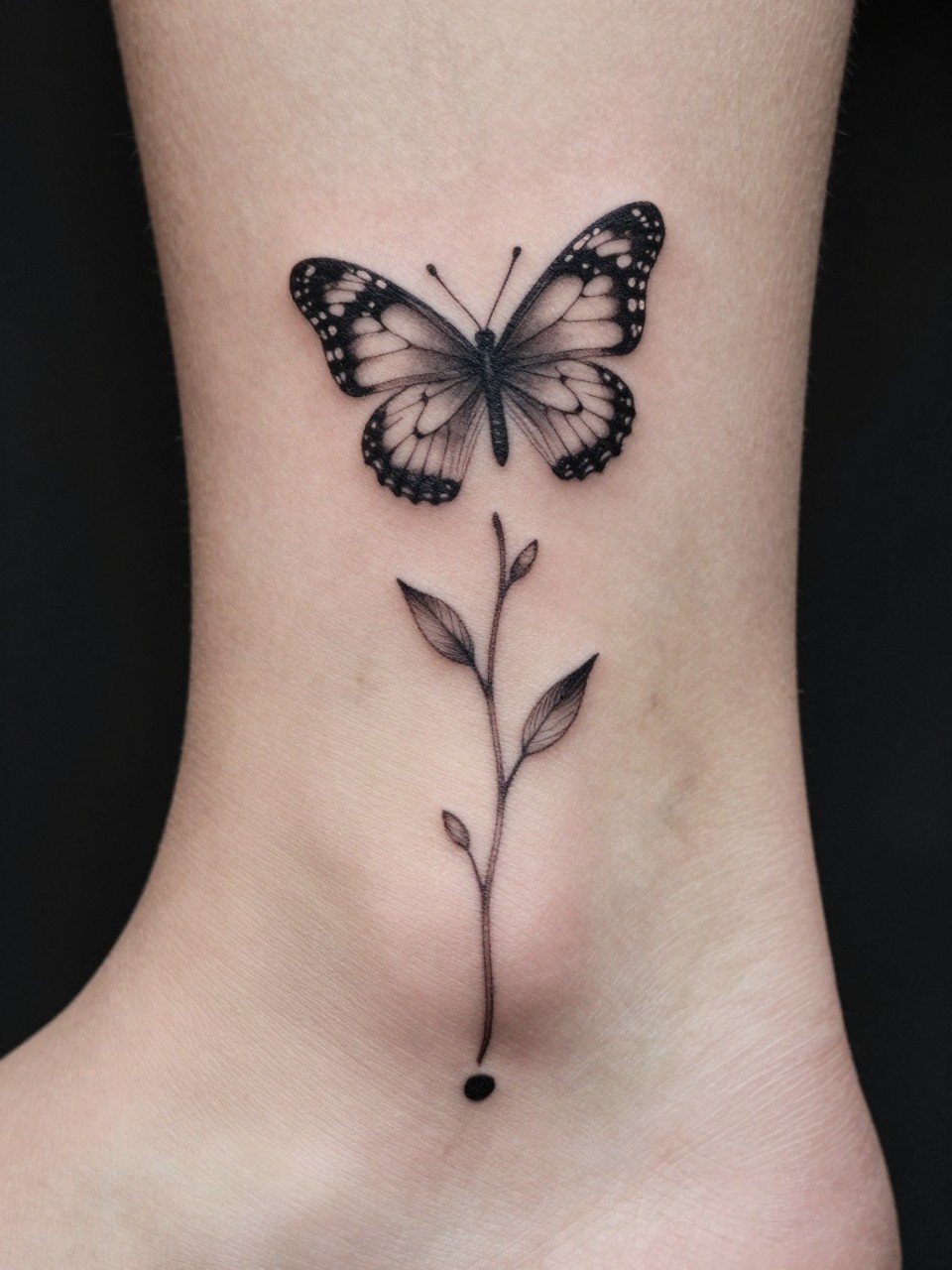 "Macro shot of the ankle tattoo: a vertical, fine-line stem growing from a semicolon 'seed' at the bottom, blooming into a butterfly at the top."
