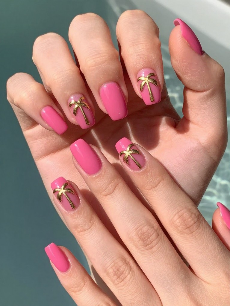 Overhead view of hands with nails that are a glossy hot pink. Each ring finger features a shiny gold palm tree decal. Sunlight sparkles on the water and gold.