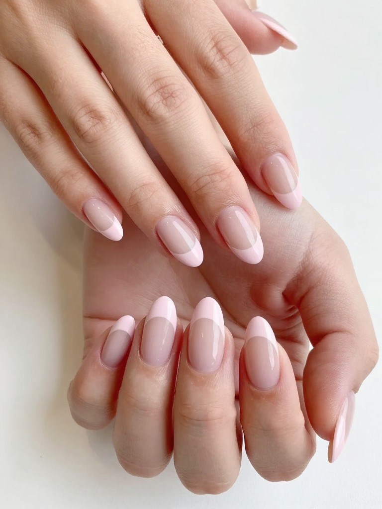 Close-up, overhead view of hands with almond nails have a sheer base with crisp, baby pink tips. The scene is bright and airy.