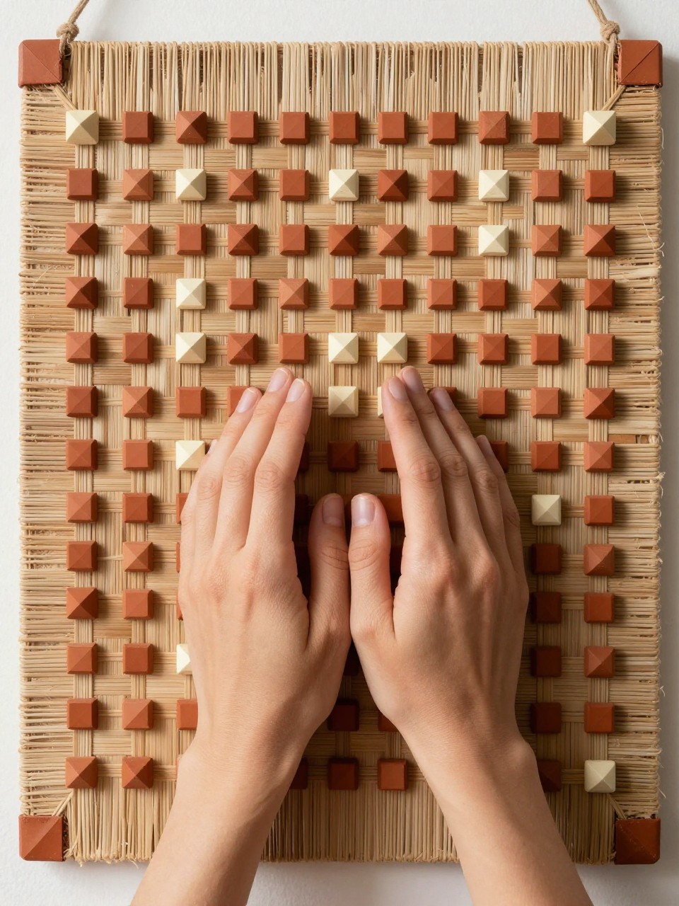 Bird's-eye view of hands on a rustic, woven wall hanging. The square nails are matte terracotta with a clean, cream-colored geometric tip. The shadows define the sharp shape.