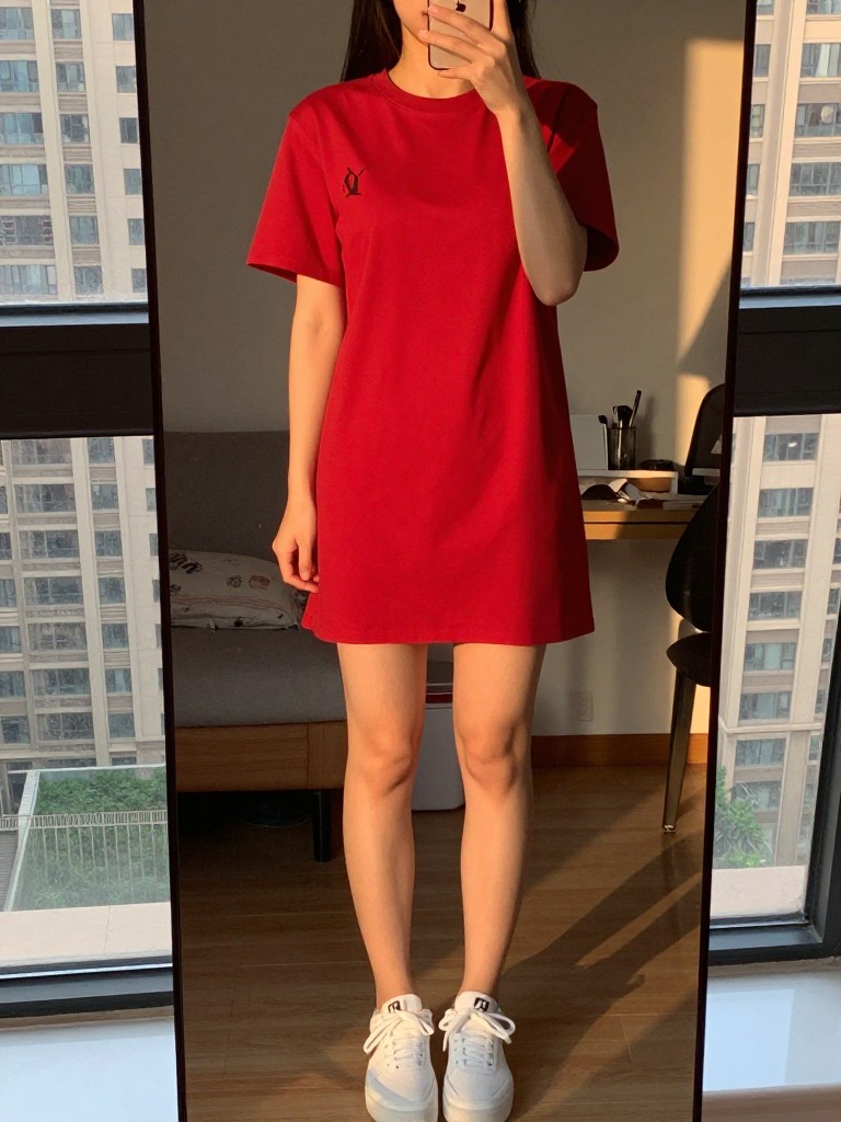 iPhone mirror selfie of a woman in a red t-shirt dress and white sneakers, mid-laugh, cropped at the neck so face doesn't show, in a city apartment, evening golden hour lighting, iPhone photo quality.
