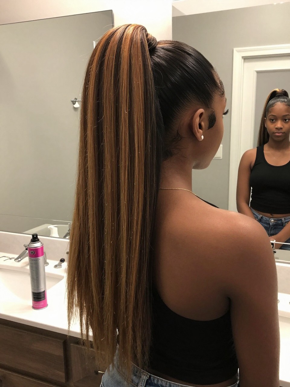 Photo of a black teen girl wearing a sleek high pony with colored extensions, back-of-head view showing the pop of color from the extensions, setting: a bathroom with modern decor and good lighting, lighting: bright, even indoor lighting, containing a can of hairspray sitting on the counter, iPhone photo quality.