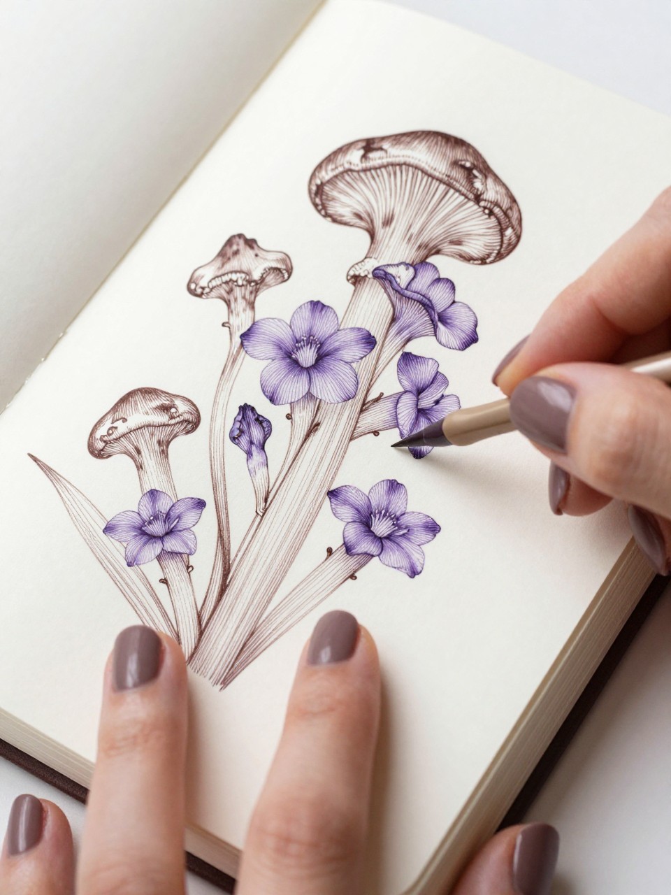 Close-up of hands with a botanical sketchbook open. The nails are a matte mushroom brown. Delicate violets are composed entirely of fine dark brown and purple lines, like an ink drawing. The detail is exquisite.
