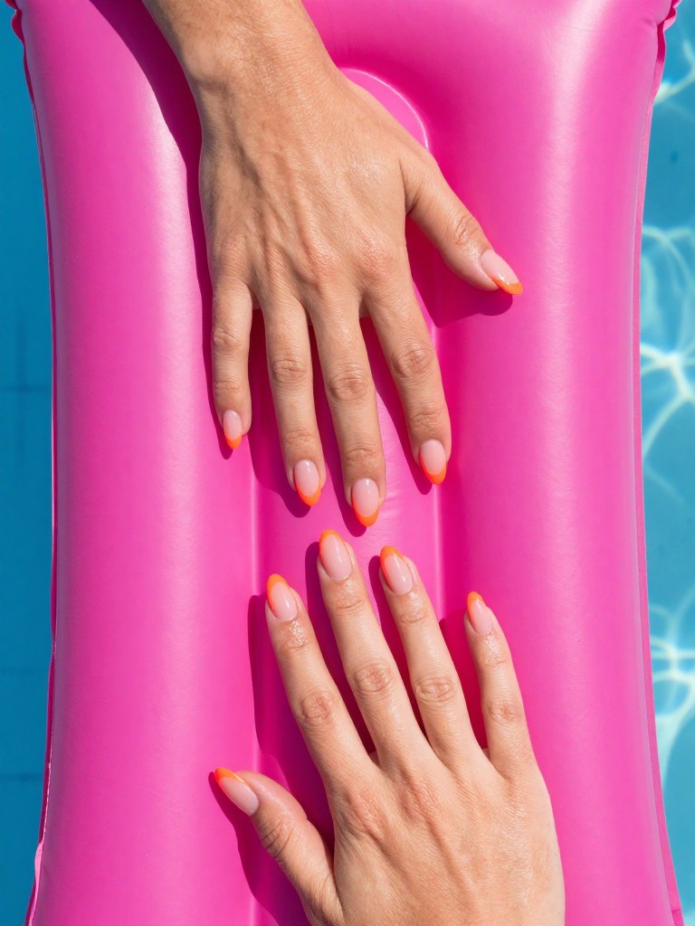 Bird's-eye view of hands resting on a vibrant, fuchsia pool float. The almond nails have a sheer, jelly pink base. The tips are a bold, flat neon orange, creating a stark, graphic line. The lighting is intense and sunny, making the neon pop.