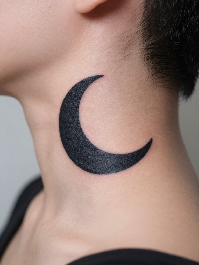  "Close-up of a perfect, solid black crescent moon tattoo centered at the nape. The neck is bowed slightly forward, emphasizing the spot. Even, shadowless light highlights its simple shape."