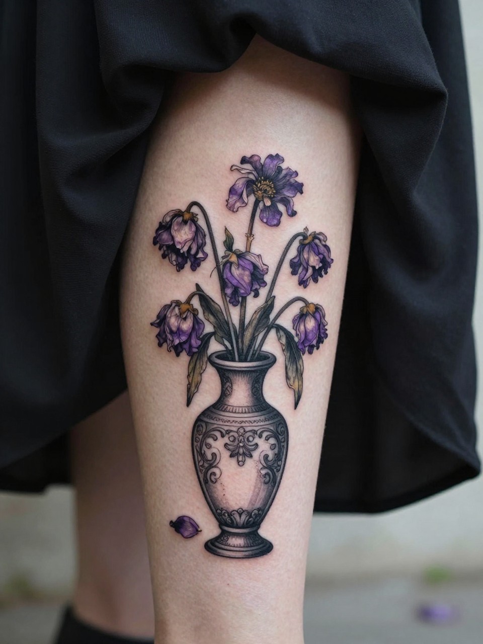 Extreme close-up of a wilting flowers in a vase tattoo on the calf. The vase is ornate in black linework, the flowers are drooping with falling petals in muted purples and blacks. She's wearing a flowing black skirt. Soft, somber natural light, melancholic and beautiful vibe.
