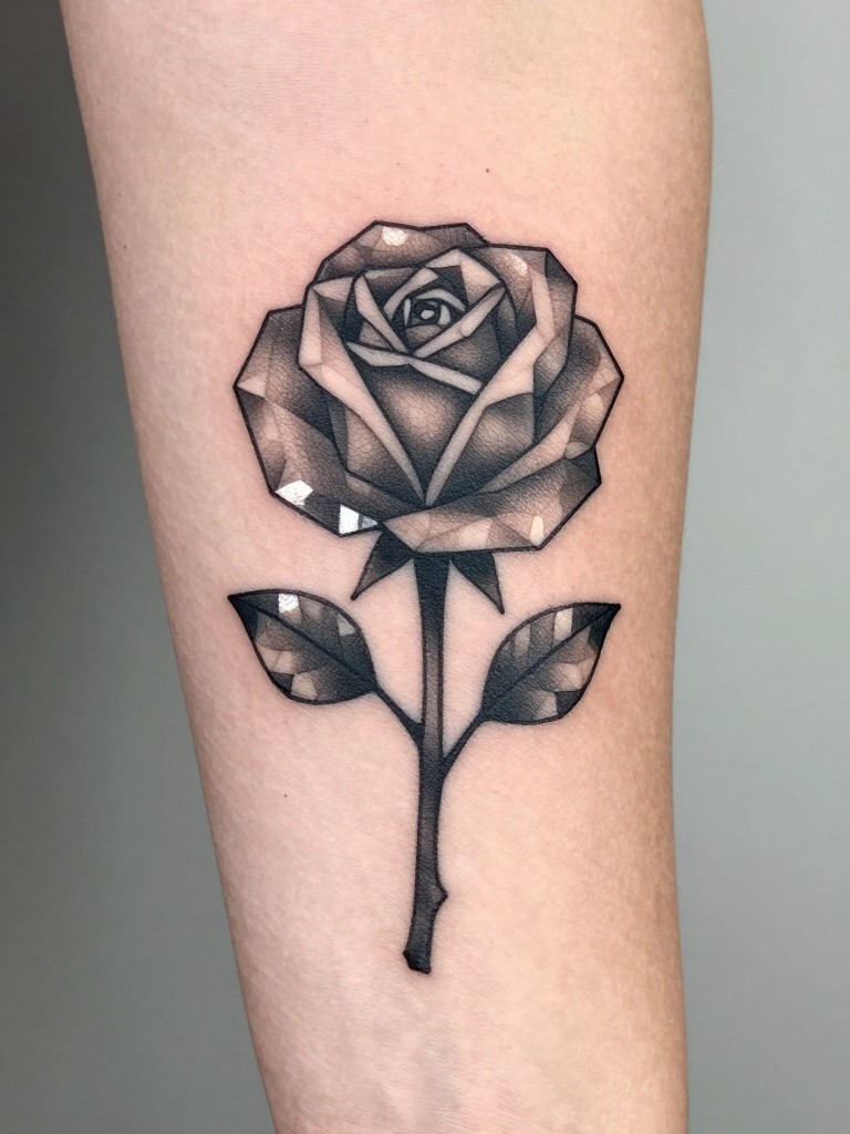 Macro shot of a geometric rose tattoo on a woman's forearm, with faceted crystal-like petals and a structured stem. Sharp, clean lighting with soft shadows. Modern and unique.