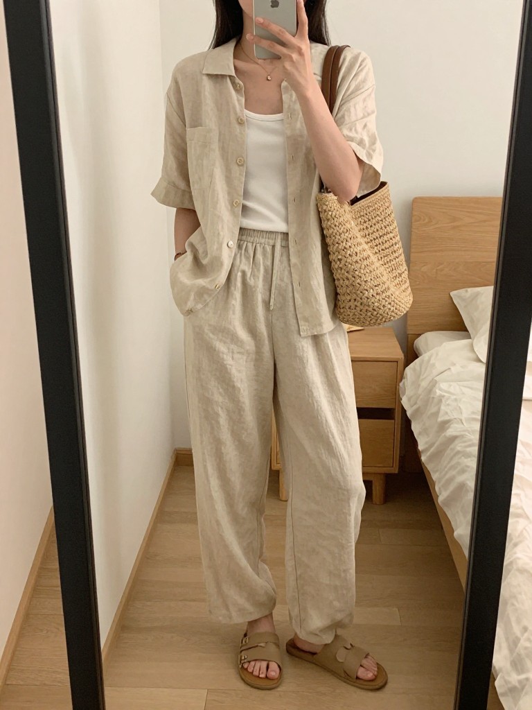 iPhone mirror selfie of a woman in a matching beige linen set over a white tank with tan slides, holding a woven bag, casual stance facing mirror, cropped at NECK so face doesn't show, in a sunlit feminine-themed bedroom, warm moody lighting, iPhone photo quality.