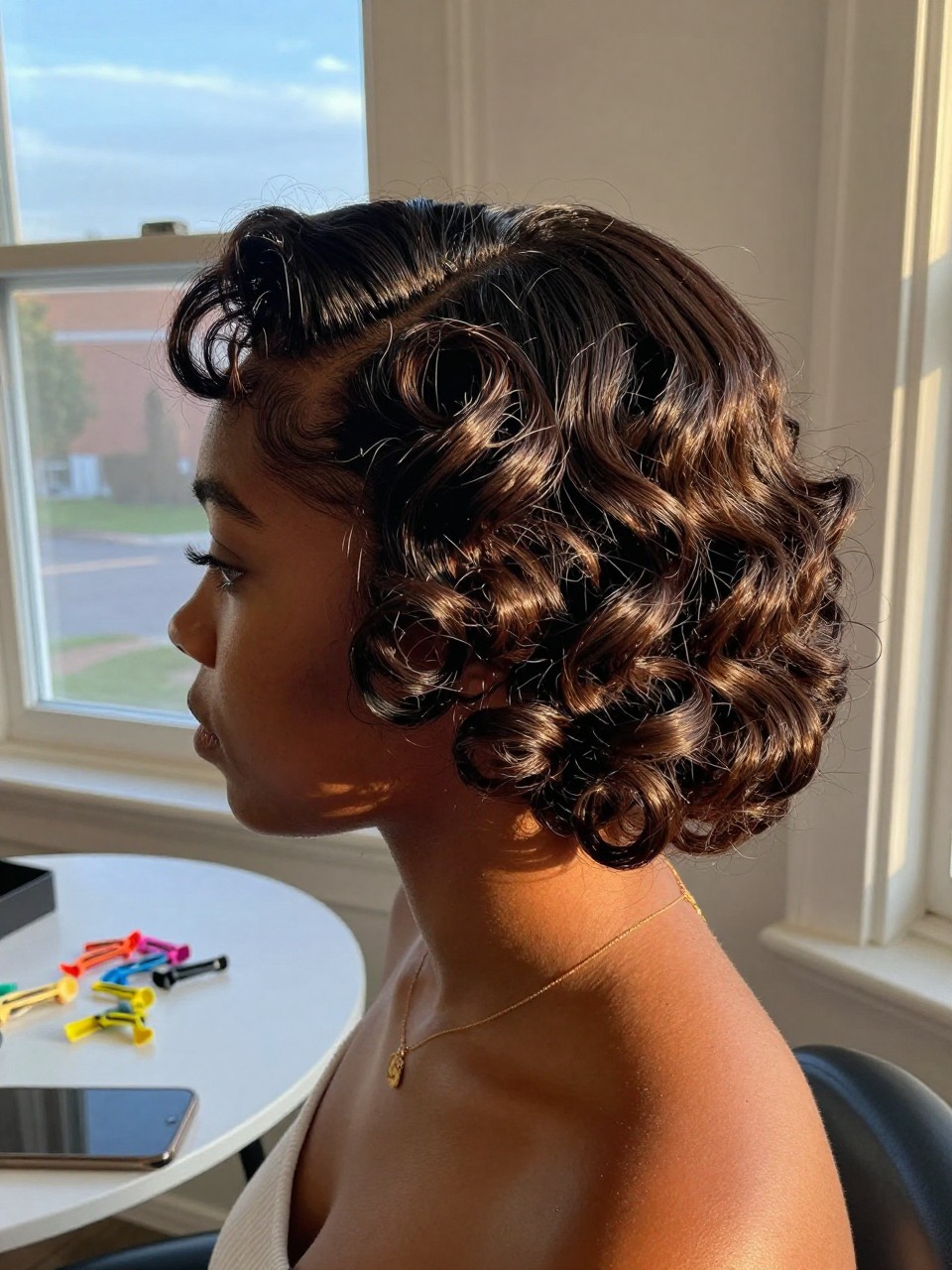 Photo of a black girl wearing a vintage curly finger wave updo, side profile view focusing on the defined S-waves, in golden hour lighting by a window, containing finger wave clips scattered on the table, iPhone photo quality.