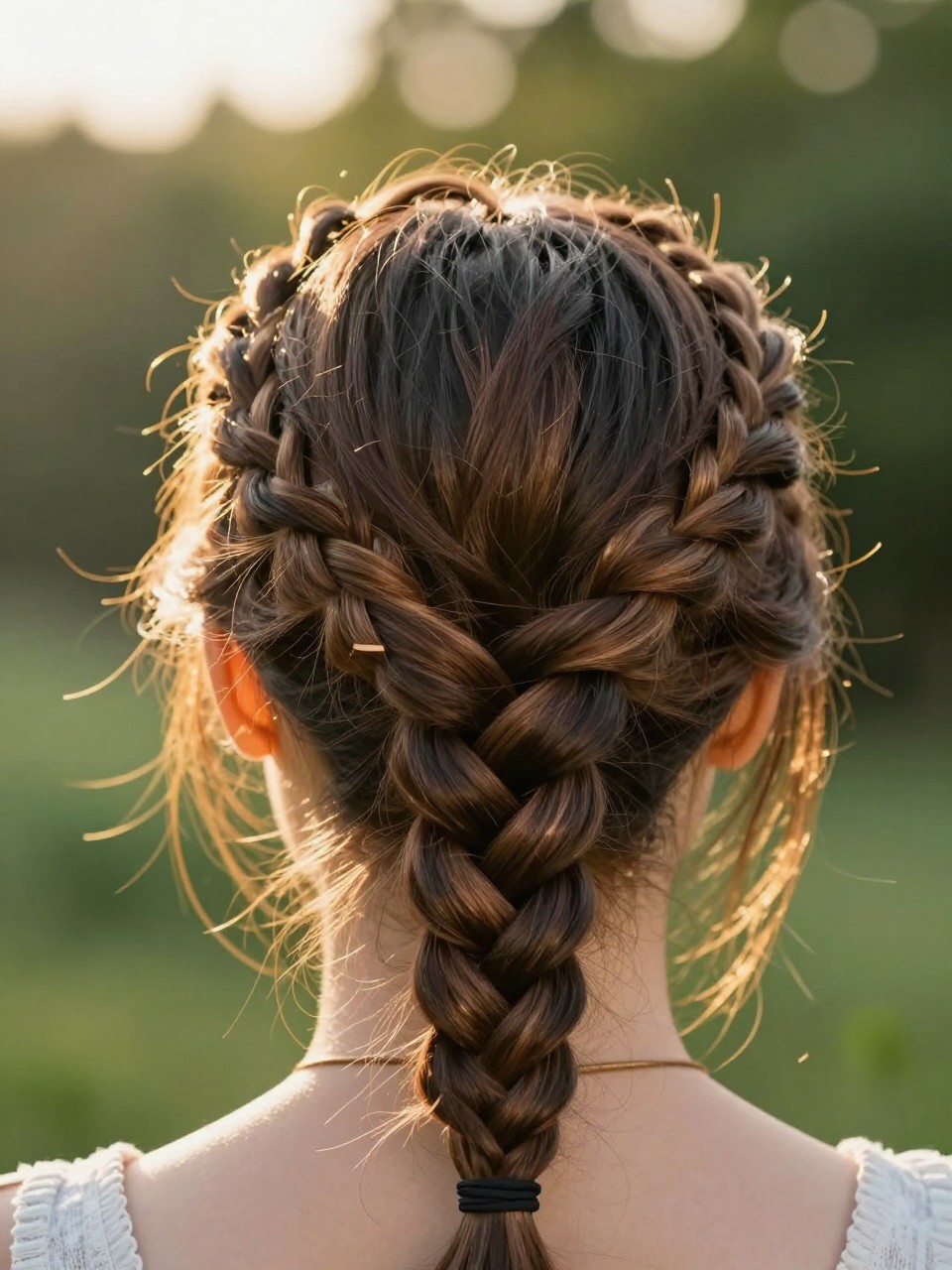 Photo of a woman wearing a braided crown, back-of-head view showing the braids crossing, setting is golden hour light outdoors, blurred greenery background, containing wispy pieces escaping around her ears, iPhone photo quality.