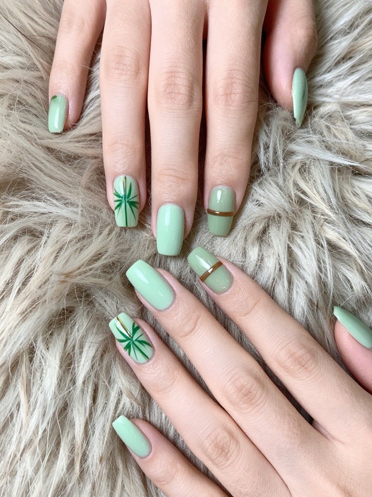Overhead view of hands with bamboo green nail design resting on fur. The nail set is flat, pale green. A thin, shiny brown stripe wraps around the center of each nail. The natural texture is emphasized.