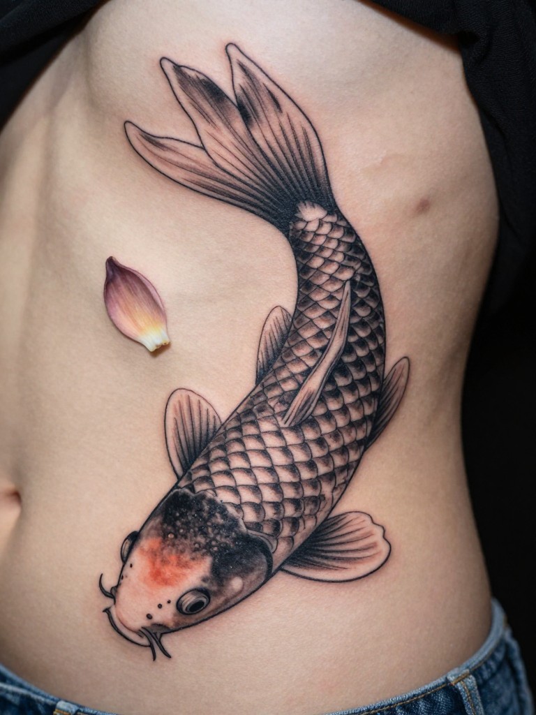  "Macro close-up of a detailed koi fish tail and flowing water lines tattooed along the curve of the ribs. Scales are individually shaded, with a single lotus petal floating nearby. The design emphasizes movement."