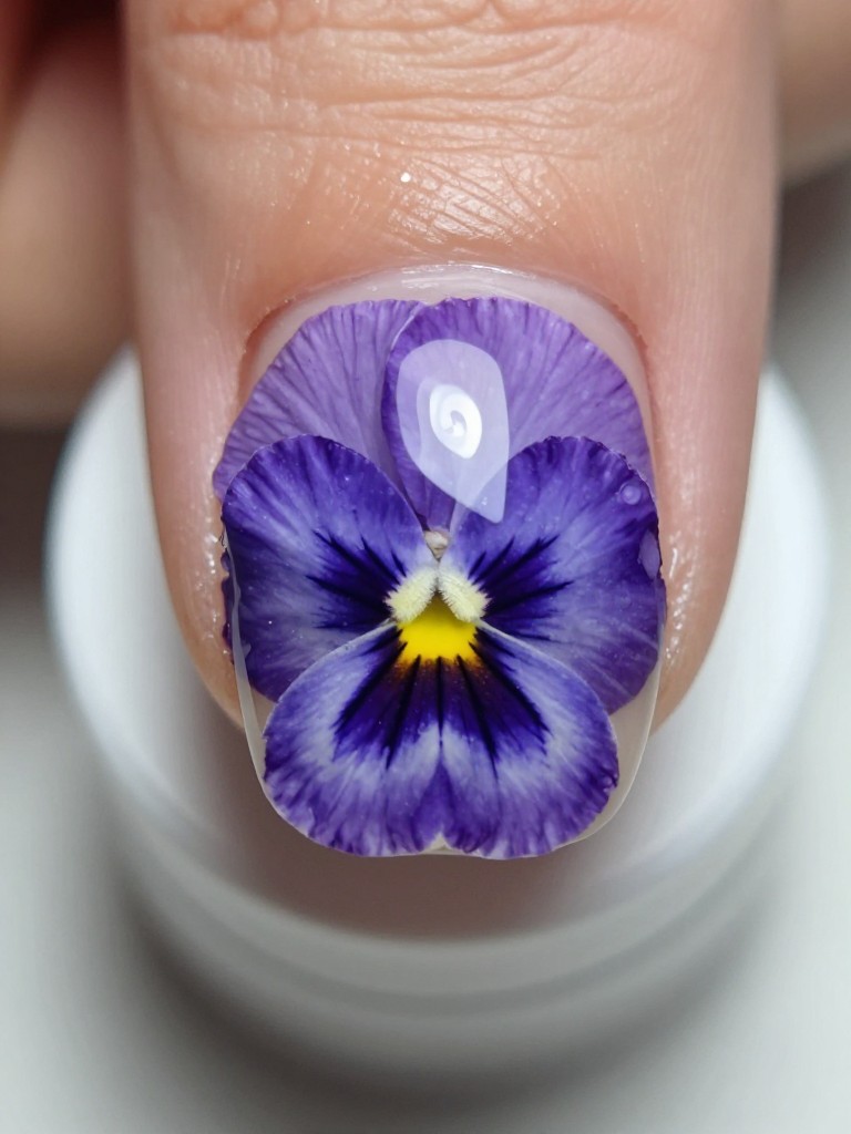 Extreme close-up, top-down view of a nail set. A perfect, small pressed purple pansy is encapsulated under a dome of flawless, clear gel. The natural details of the flower are perfectly preserved and magnified. The lighting is bright and even.