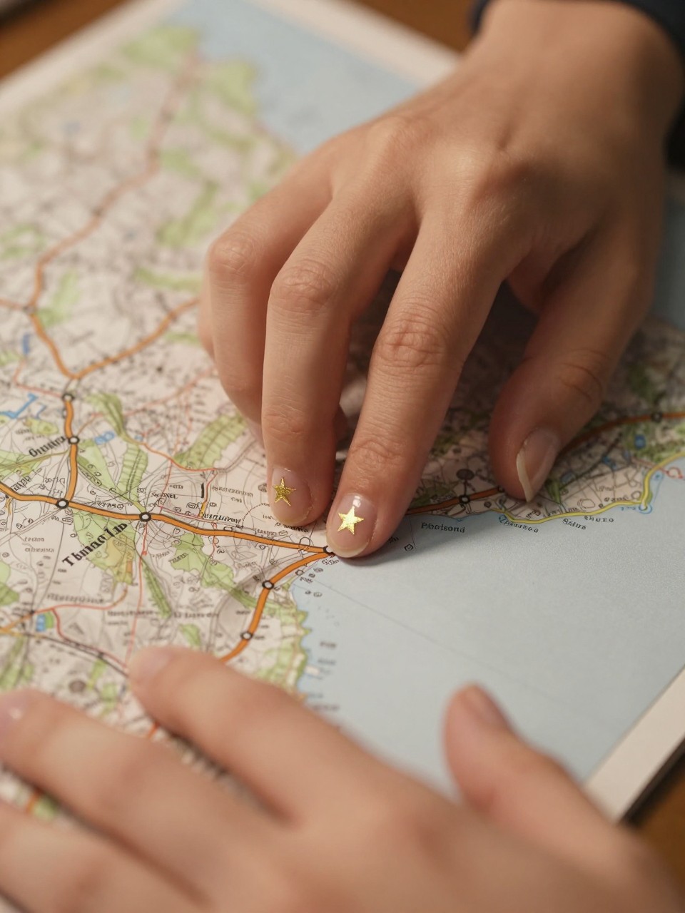 Close-up, top-down view of hands tracing a route on a paper map. The natural, short nails are glossy and clear. A tiny, shiny gold star foil is placed on each ring finger. Warm lamplight creates a cozy, adventurous mood.