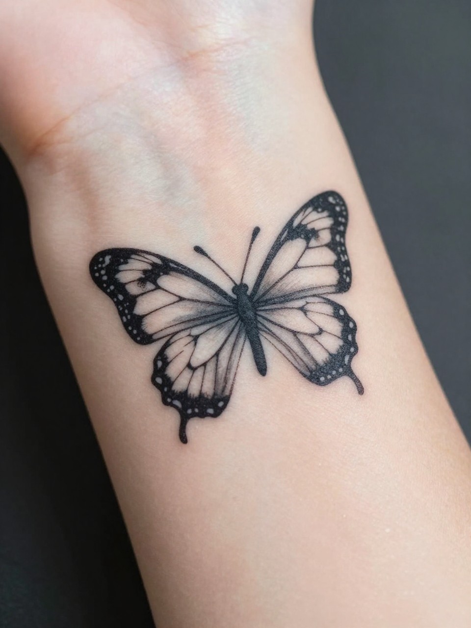 "Extreme close-up of a wrist tattoo: a butterfly with delicate, fine-line wings. Its body is a perfect, black semicolon. The wings are minimal, putting all focus on the symbolic body."