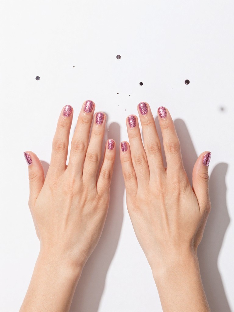 Bird's-eye view of hands tossing confetti in the air at a celebration. The nails are rounded and densely covered in sparkling pink holographic glitter. The mood is joyful and bright.