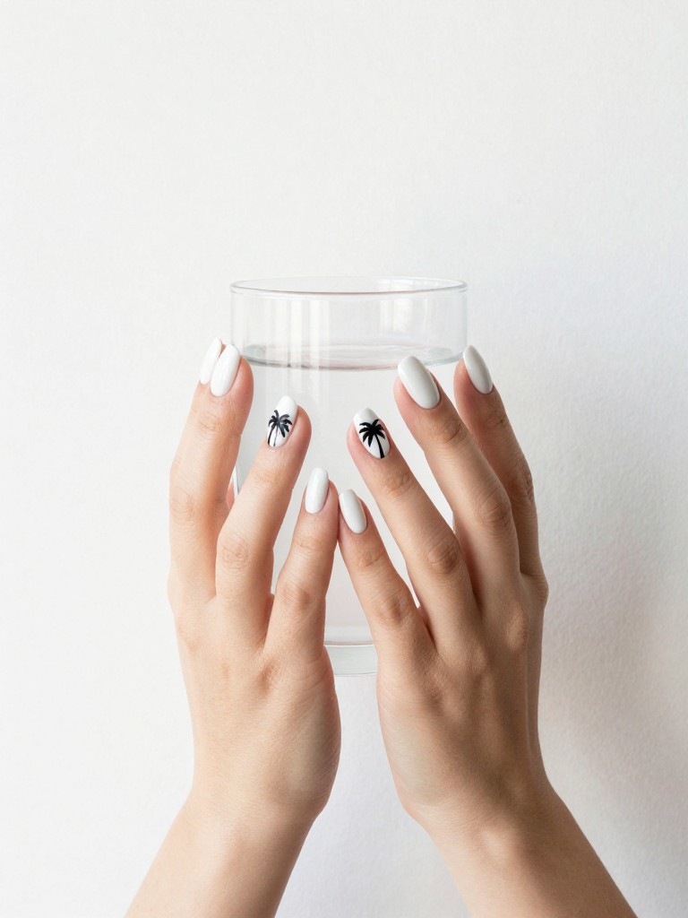  Top-down view of hands holding a simple glass of coconut water against a white wall. The nails are a squoval shape in milky white. Each ring finger features a single, elegant black palm tree silhouette stretching up the nail. The minimalist scene is bright and airy.