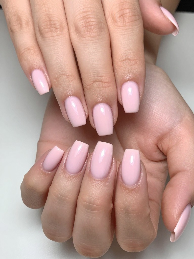 Bird's-eye view of hands with a medium coffin shape nail set in a glossy, glazed pink. The light reflects perfectly off the sugary surface.