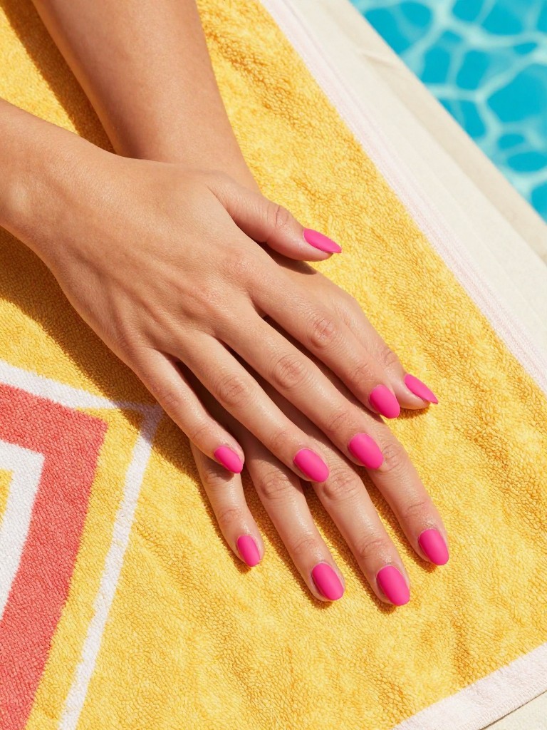 Overhead view of hands resting on a bright, patterned resort towel. The nails are a medium almond shape, painted a vivid hot pink with a flat matte finish. The setting is a vibrant, sun-drenched pool deck, making the color stand out.