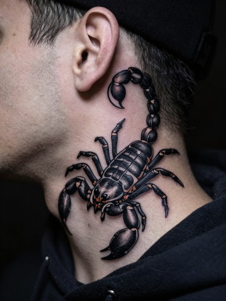 Close-up of a detailed, blackwork scorpion tattoo on the side of the neck, with its tail curving towards the ear. The sharp lines and solid black fill are the focus. He is wearing a dark hoodie. Moody, dramatic lighting that emphasizes the design's edge.