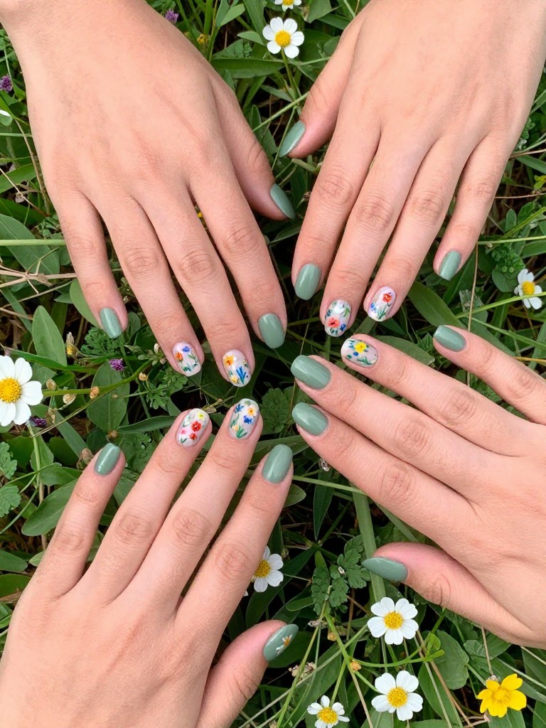 Bird's-eye view of hands lying in a field of wildflowers. The nails have a matte sage green gel base. Each nail showcases a different, tiny, colorful wildflower painting. The collection is charming and whimsical.