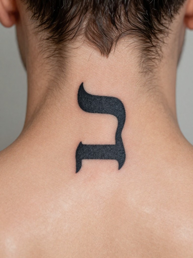 "Extreme close-up of a single, elegant Hebrew character tattooed vertically on the spine at the nape. The ink is solid black, the lines are crisp and sacred in appearance. Serious, respectful lighting."