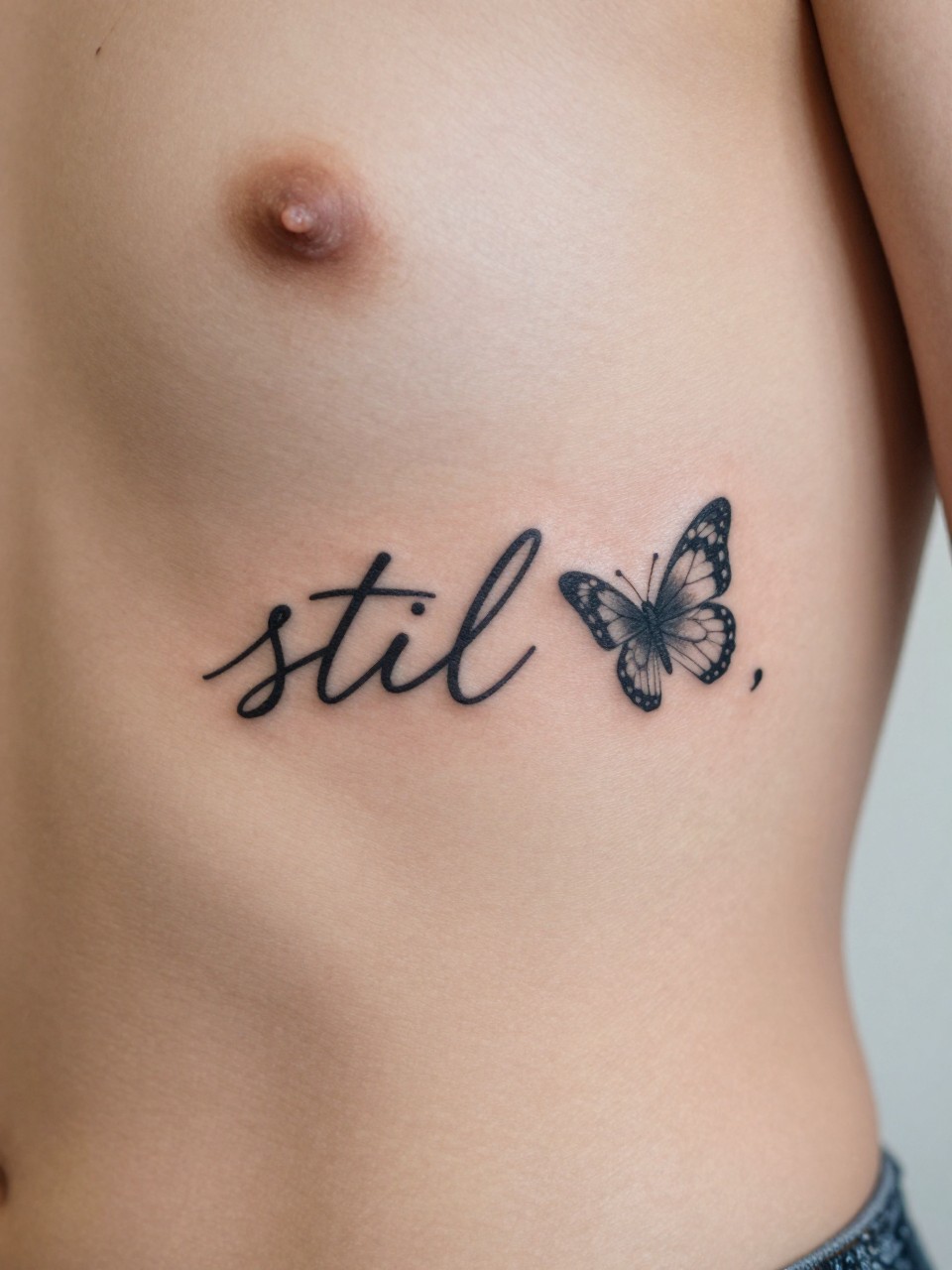 "Extreme close-up of the ribcage tattoo: the word 'still' in cursive, the dot of the 'i' is a micro butterfly, and the period is a semicolon. Literary and integrated."