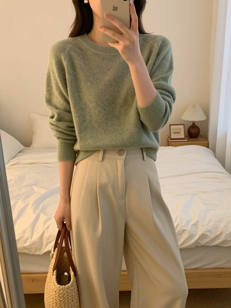 iPhone mirror selfie of a woman in a sage green sweater tucked into beige wide leg pants with pearl earrings, holding a woven bag, relaxed lean, in a cozy feminine-themed bedroom, evening golden hour, iPhone photo quality.