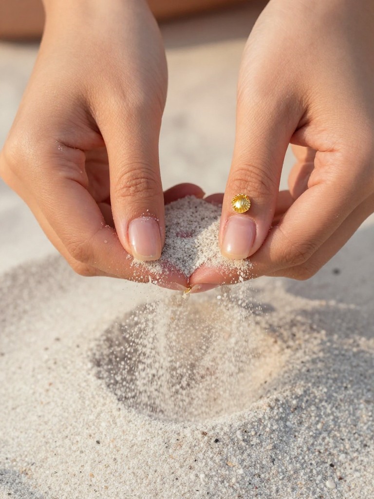  Close-up, overhead view of hands sifting through fine white sand, a tiny gold shell charm visible. The natural, short nails are glossy with a sheer nude tint. A delicate gold shell sits on each ring finger. The light is golden and warm.