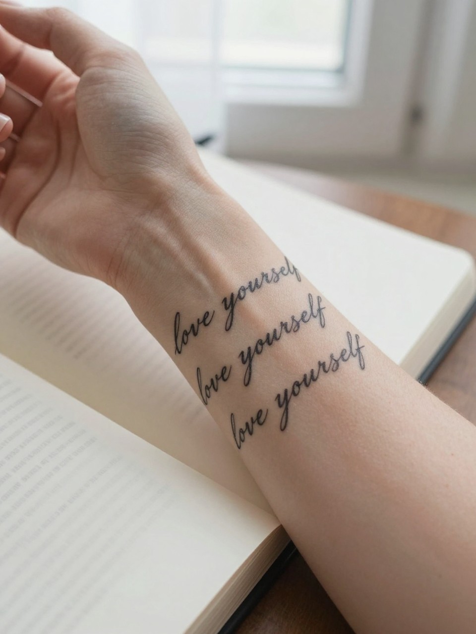 Image Prompt: "Extreme close-up of a script tattoo circling a forearm. The words 'love yourself' repeat in delicate cursive. The arm rests on an open journal. Soft window light, intimate and personal atmosphere."