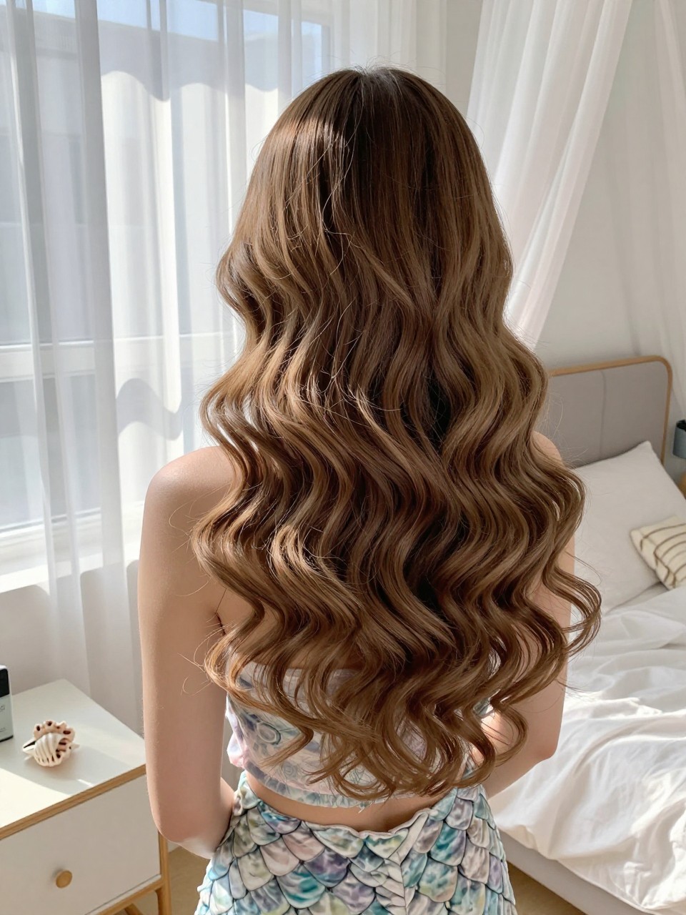 Photo of a white teen girl wearing mermaid waves, back-of-head view showing the full length and flow of the waves, setting: a sun-drenched bedroom with white curtains blowing slightly, lighting: bright natural window light, containing a small shell hair clip resting on a nightstand, iPhone photo quality.