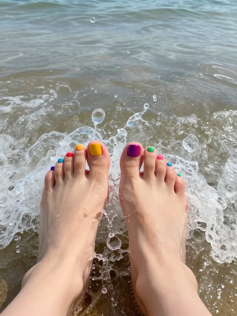 Low-angle view of bare feet splashing in the shorebreak. Each toenail is a different solid, glossy bright color of the rainbow. The water droplets and sunshine amplify the vibrancy.