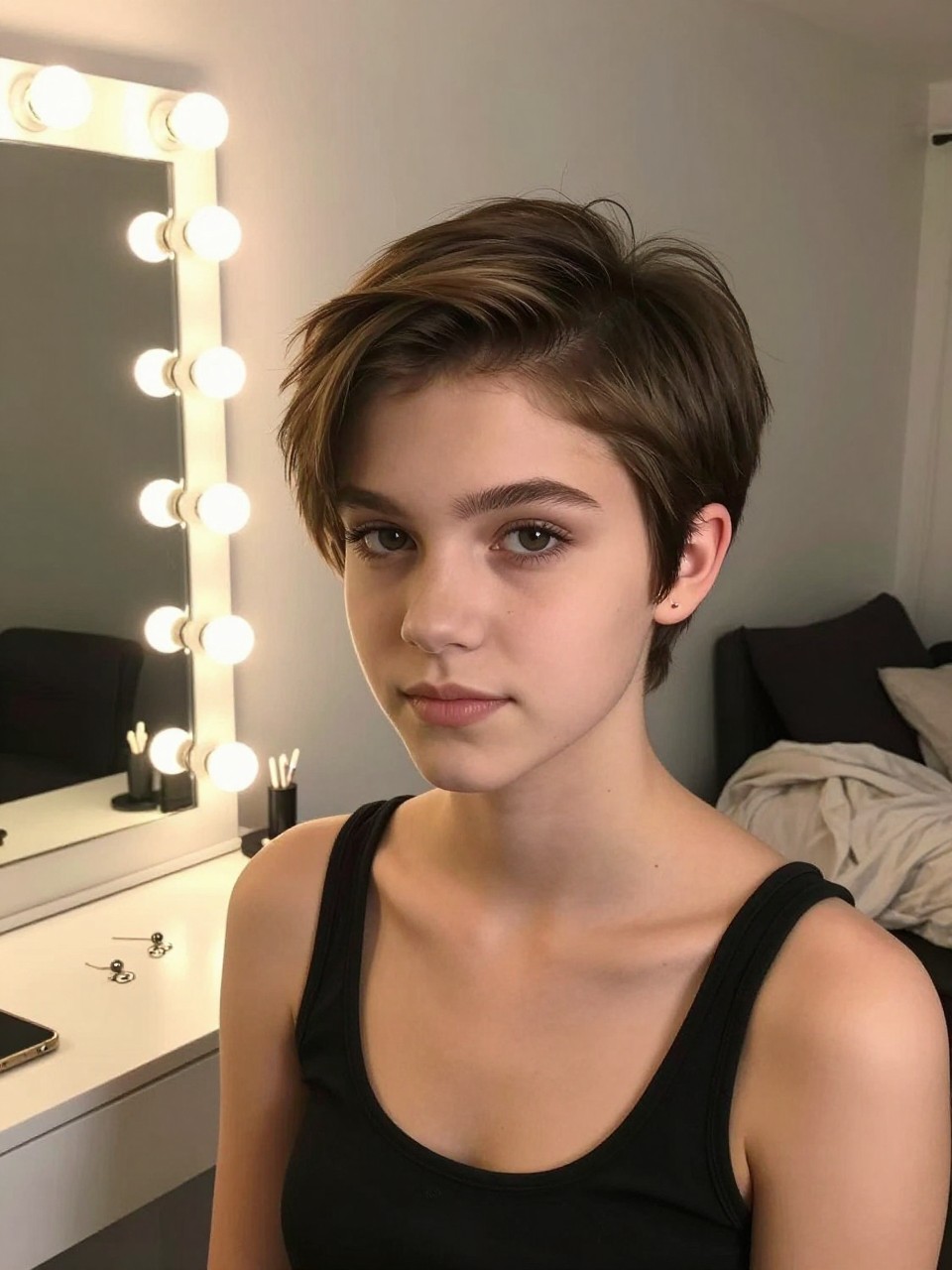 Photo of a teenage girl wearing a side-swept pixie, front-facing view showing the swept front, setting: a bedroom with a vanity and Hollywood-style light bulbs, lighting: warm, soft indoor lighting, containing a pair of earrings lying on the vanity, iPhone photo quality.