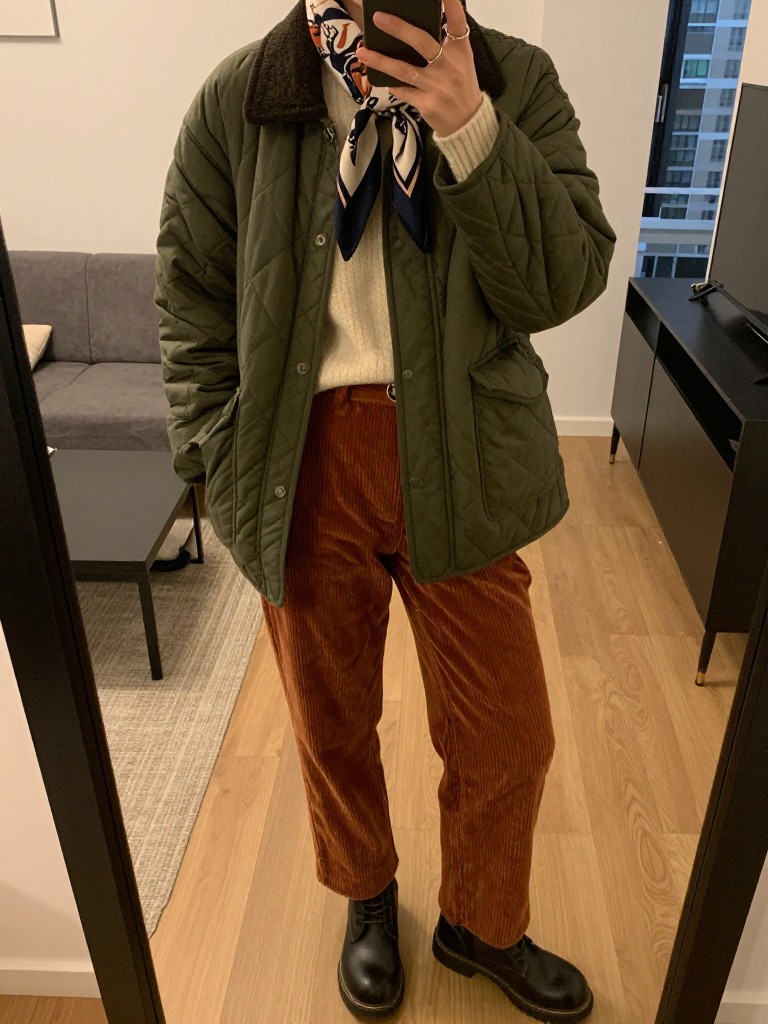 iPhone mirror selfie of a woman in an olive quilted jacket over a cream jumper with rust corduroy trousers and Blundstone boots, adjusting a silk scarf, cropped at NECK so face doesn't show, in a city apartment, warm moody lighting, iPhone photo quality.