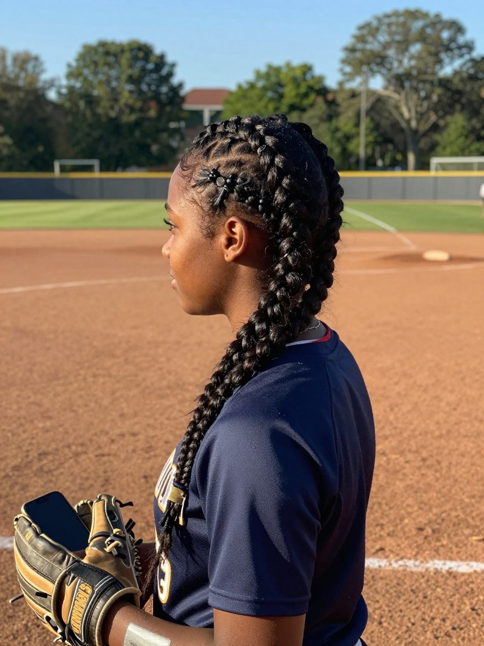 Photo of a black girl wearing a Dutch braid on a softball field, side profile view showing the raised braid, in afternoon light with a fence and trees in the background, containing a batting glove on her wrist, iPhone photo quality.