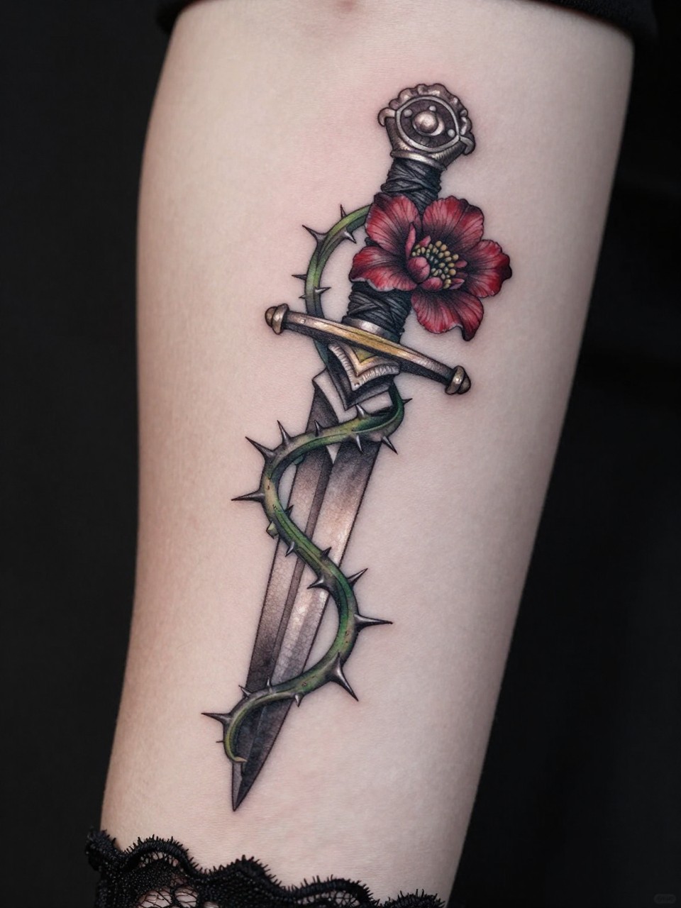 Macro shot of a dagger and thorny vine tattoo on the inner forearm. The dagger is sharp with detailed hilt work, wrapped in dark green vines with long thorns and a single deep red bloom. She's wearing a black lace glove. Dramatic, focused lighting, edgy and feminine vibe.