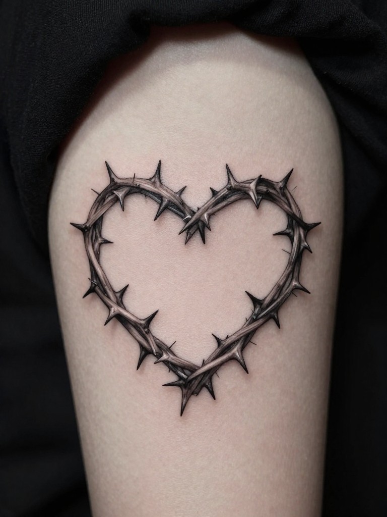 Close-up of a heart-shaped thorn tattoo on a woman's inner bicep, the heart formed entirely of woven thorny vines. Moody, artistic side lighting. Fierce and beautiful.