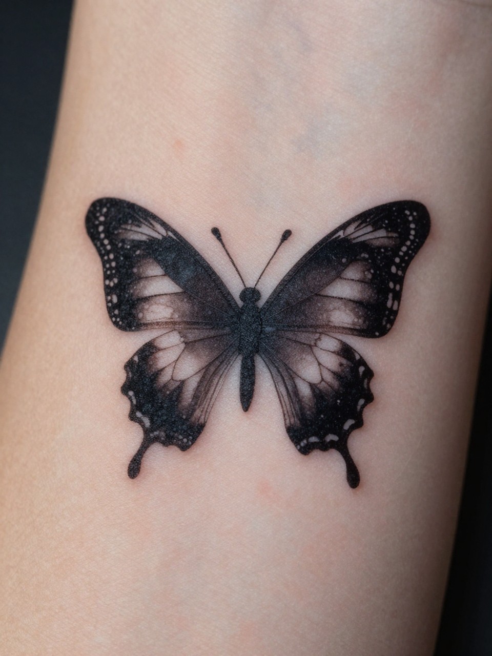 "Macro shot of the wrist: an abstract butterfly shape formed by an elegant quotation mark and a semicolon. Clever, typographic, and meaningful."