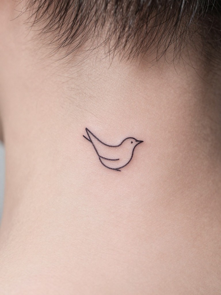  "Macro shot of a tiny, single-line bird silhouette tattoo at the very center of the nape. The skin is smooth, with a few loose baby hairs framing it. Sharp focus on the clean, simple design."