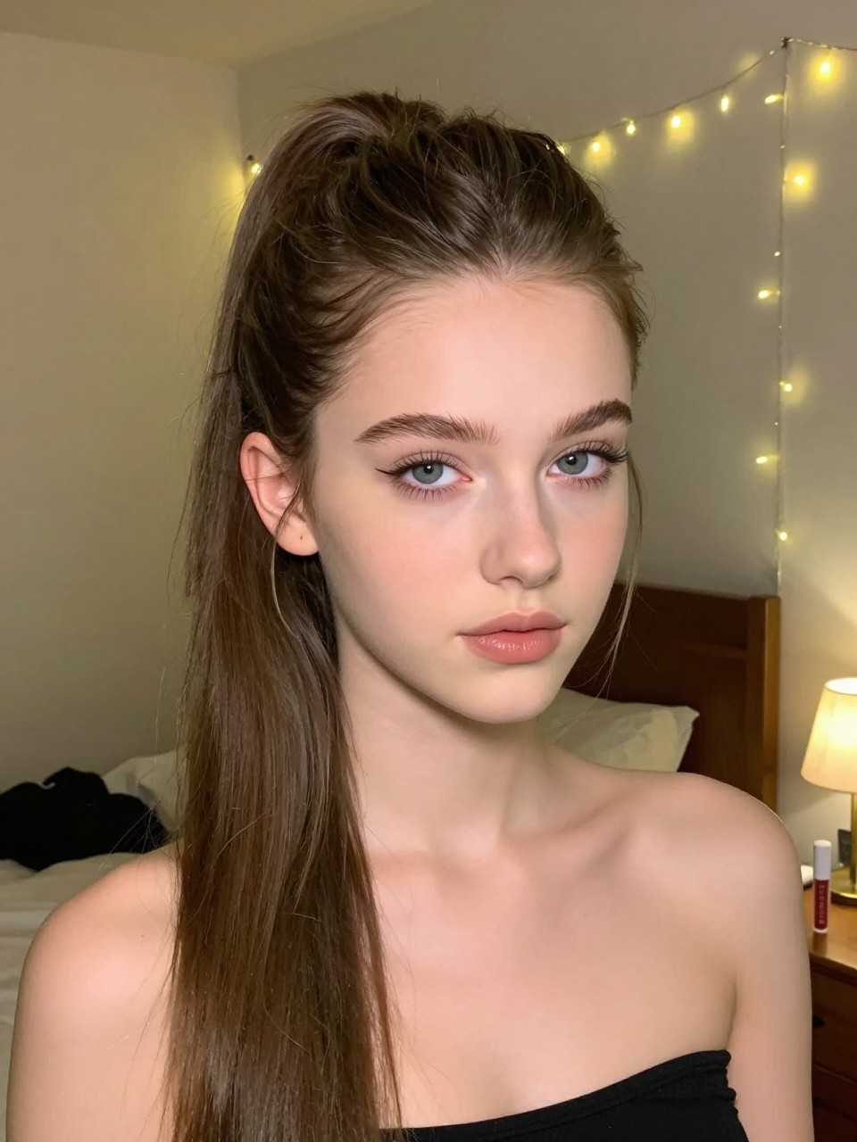 Photo of a teen white girl wearing a side-swept ponytail with volume, front-facing view showing the volume at the crown and hair swept over one shoulder, setting: a bedroom with fairy lights in the background, lighting: warm, soft artificial light, containing a tube of lip gloss on a nightstand, iPhone photo quality.