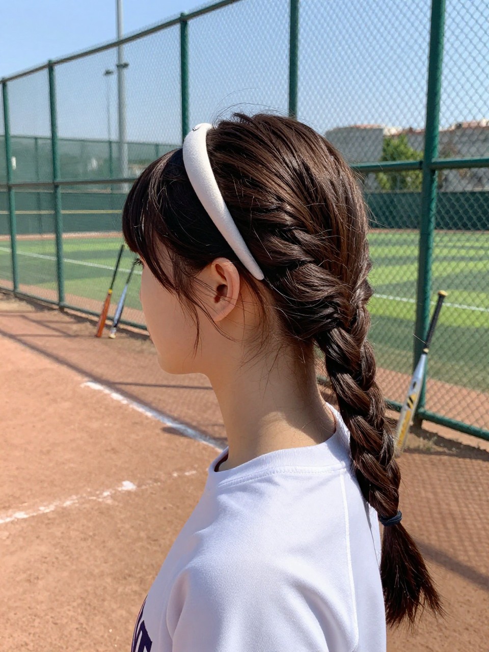 Photo of a girl wearing a braided headband on a softball field, side profile view showing the braid crossing the back, in bright daylight with a fence in the background, containing a bat resting against the fence, iPhone photo quality.