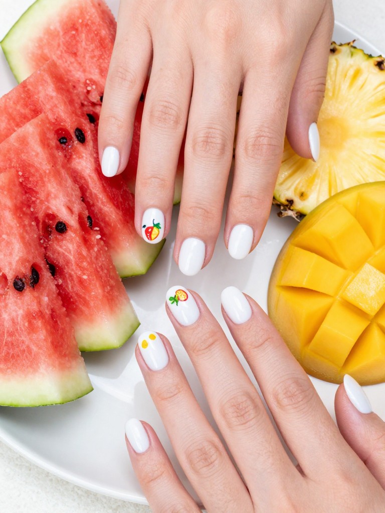  Top-down view of hands surrounded by real slices of watermelon, pineapple, and mango on a bright ceramic plate. The short, rounded nails are glossy white. Each nail has a tiny, colorful, hand-painted fruit design. The scene is vibrant and well-lit, like a food photo.