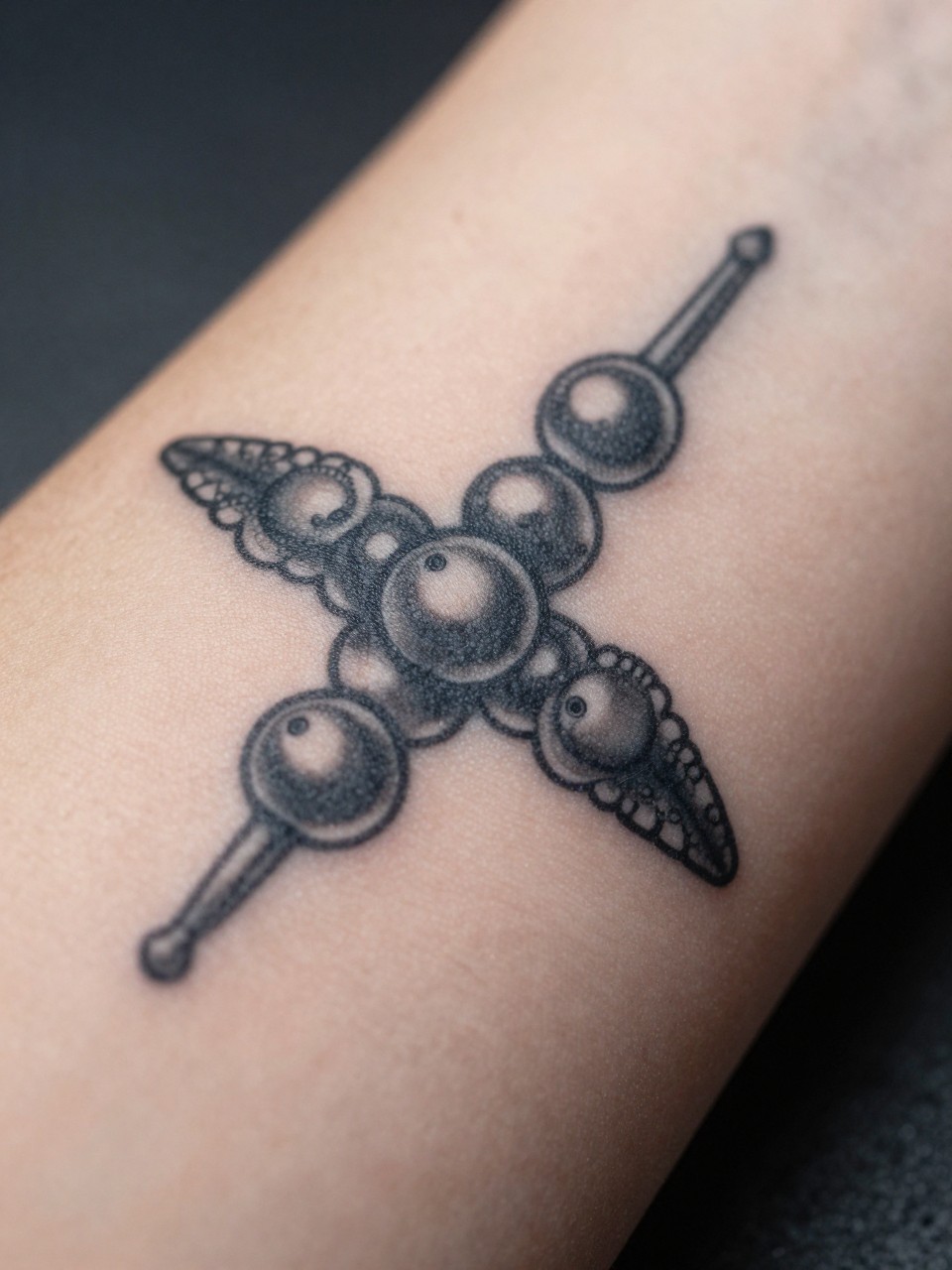 Extreme macro close-up of a bead tattoo on a wrist.