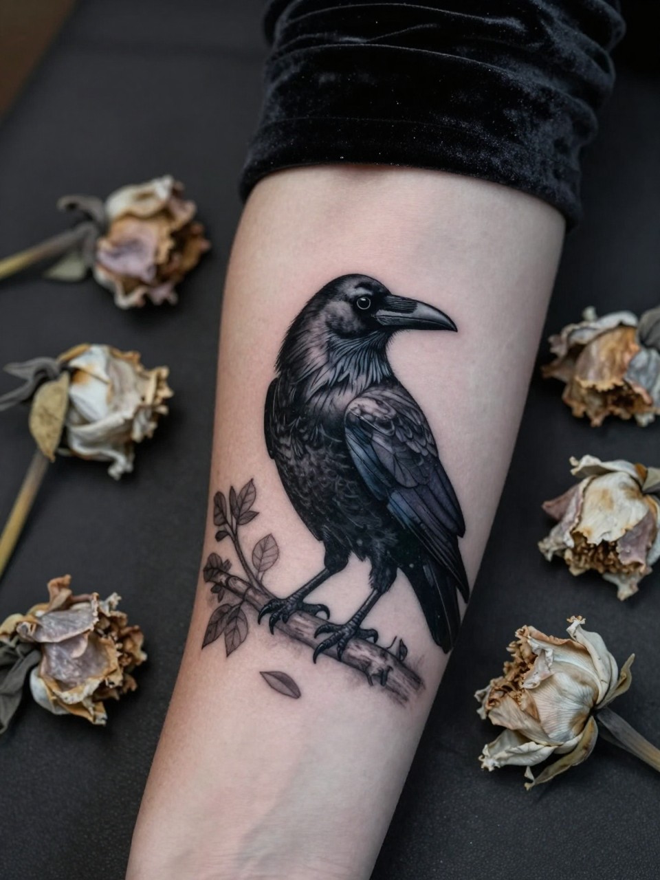 Macro shot of a raven among dead flowers tattoo on the forearm. The raven is glossy black with detailed feathers, surrounded by wilted flowers in muted browns and greys. She's wearing a dark velvet sleeve. Moody, overcast lighting, mysterious and poetic vibe.