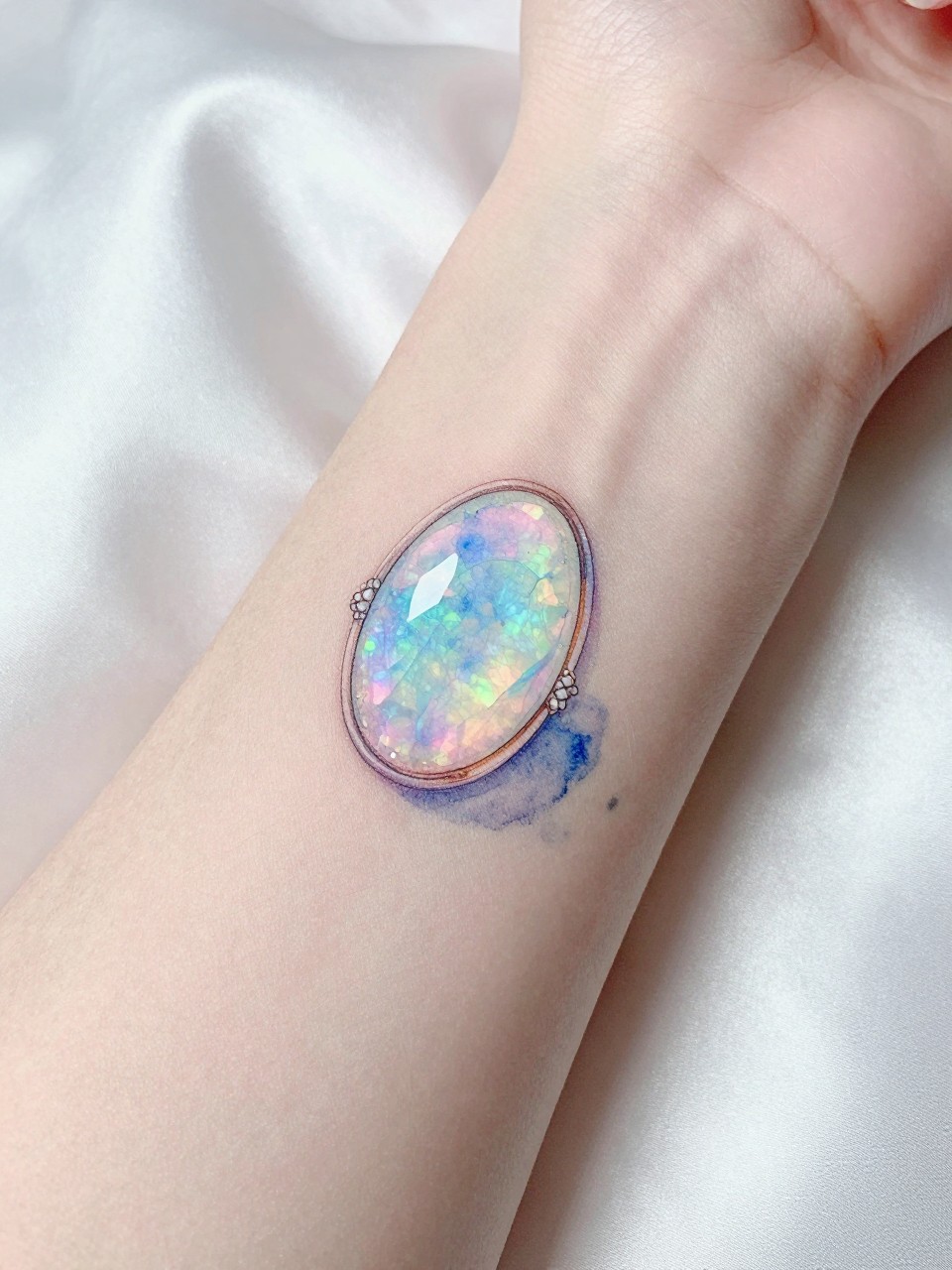 Image Prompt: "Macro shot of a watercolor opal band tattoo circling a wrist. Soft pink and blue washes blend together. The arm rests on a silk pillowcase. Bright, soft light that enhances the watercolor effect. Feminine and ethereal."