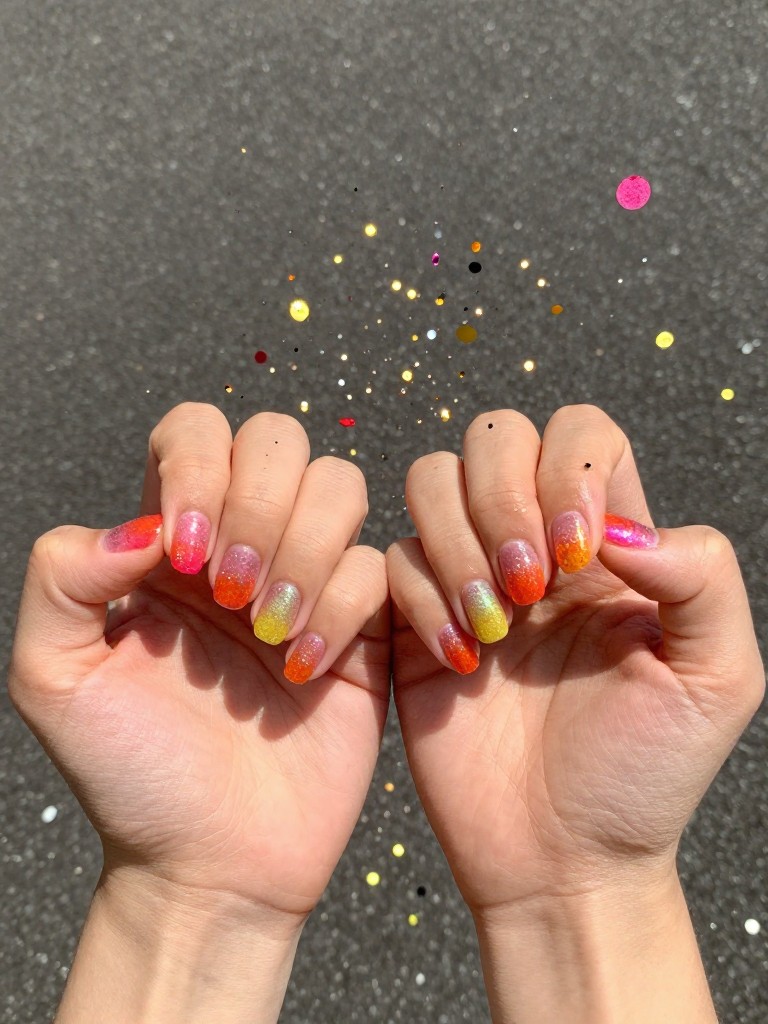 Bird's-eye view of hands tossing colorful confetti in the air. The nails are a medium length, each a seamless gradient of chunky glitter from pink to orange to yellow. The sun catches every glitter particle, creating a festive, sparkly explosion.